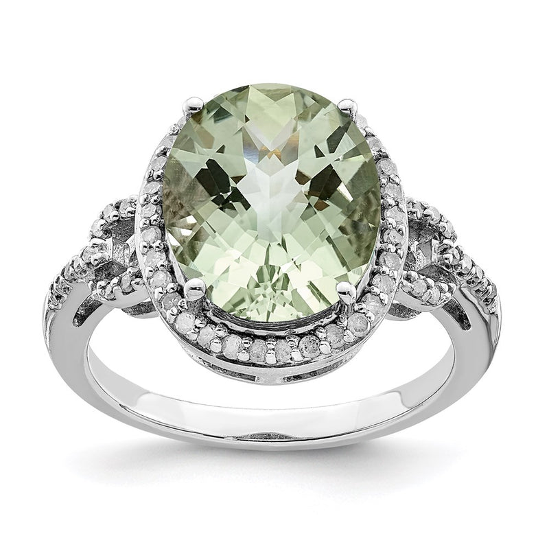 Sterling Silver Rhodium Diamond & Checker-Cut Green Quartz Ring