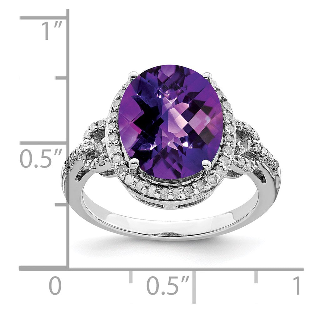 Sterling Silver Rhodium-plated Checker-Cut Amethyst & Diamond Ring