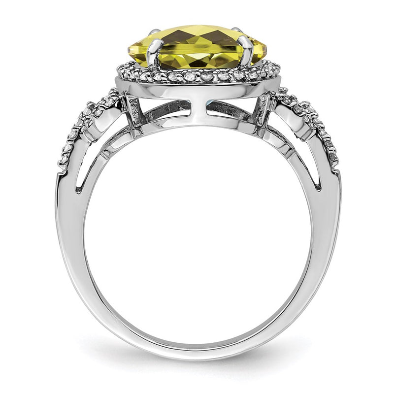 Sterling Silver Rhodium Diamond & Checker-Cut Lemon Quartz Ring