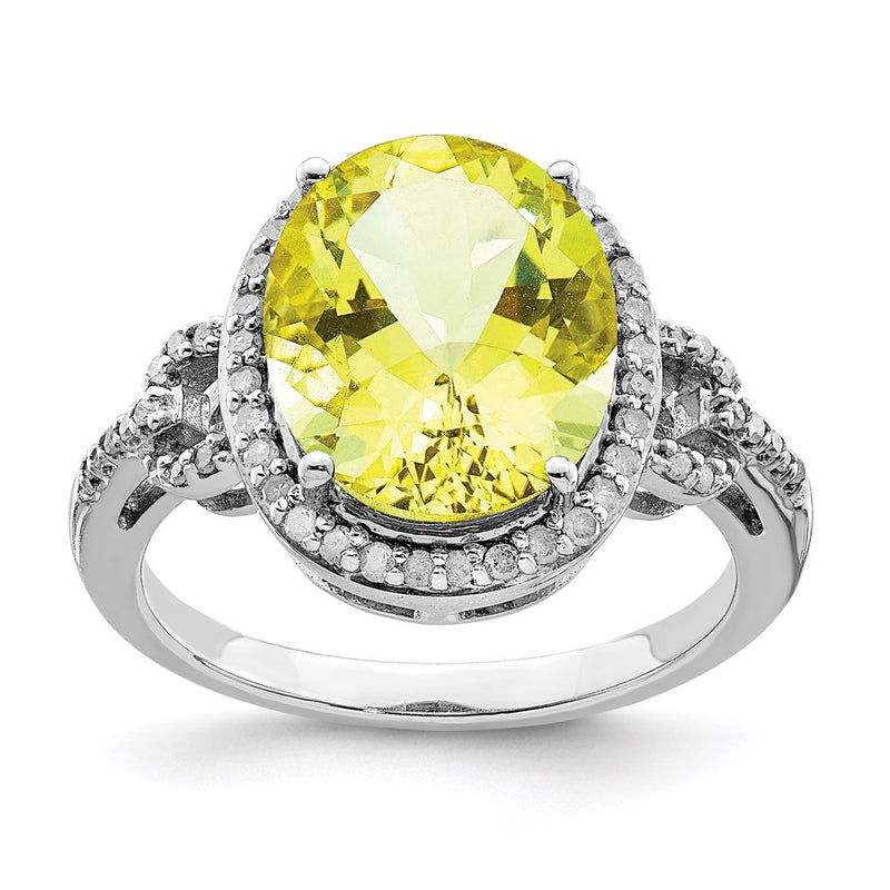 Sterling Silver Rhodium Diamond & Checker-Cut Lemon Quartz Ring