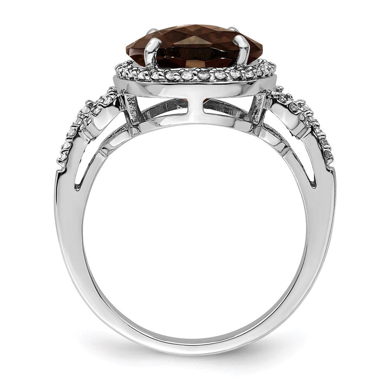 Sterling Silver Rhodium Diamond & Checker-Cut Smoky Quartz Ring
