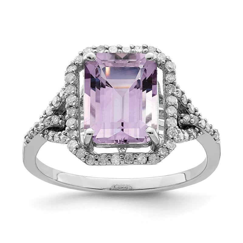 Sterling Silver Rhodium Diamond & Pink Quartz Ring