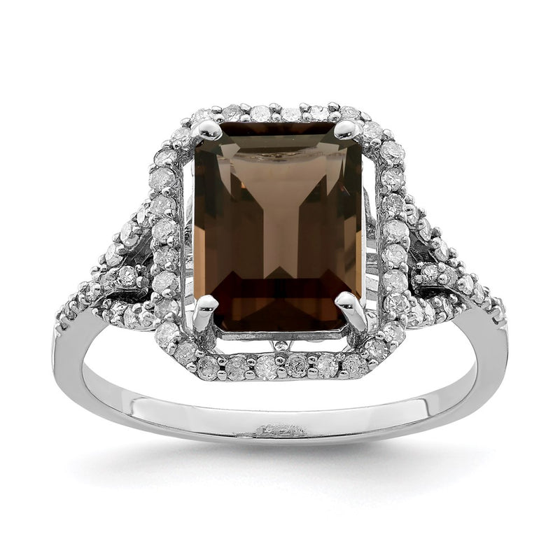 Sterling Silver Rhodium Diamond & Smoky Quartz Ring