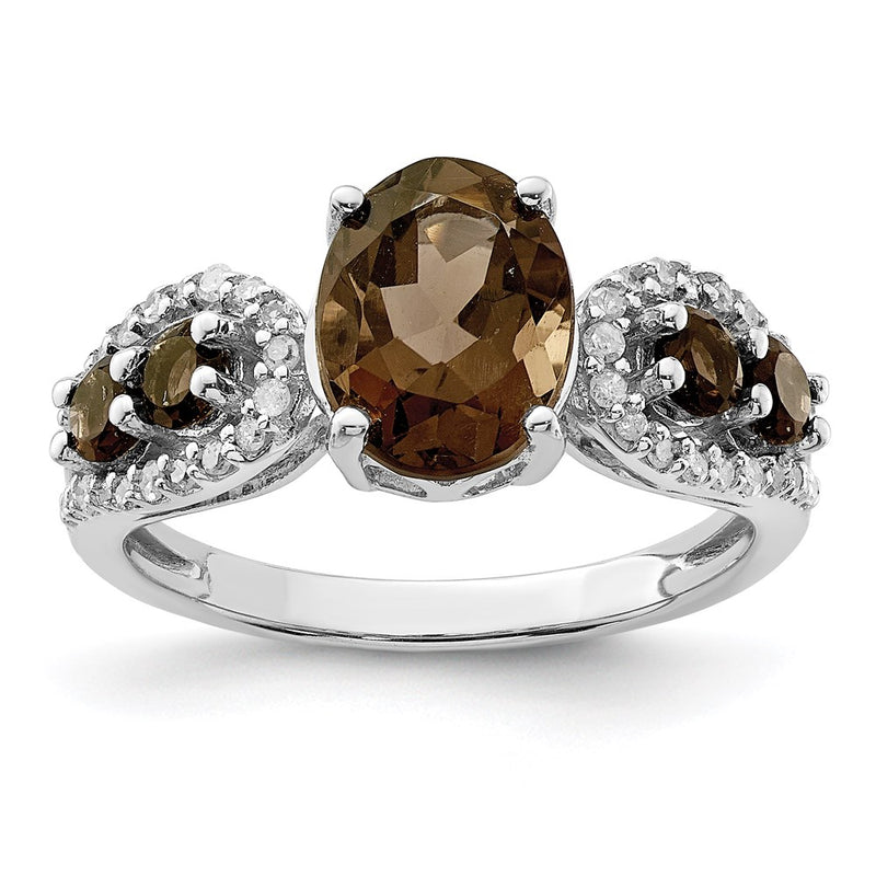 Sterling Silver Rhodium Diamond & Smoky Quartz Ring