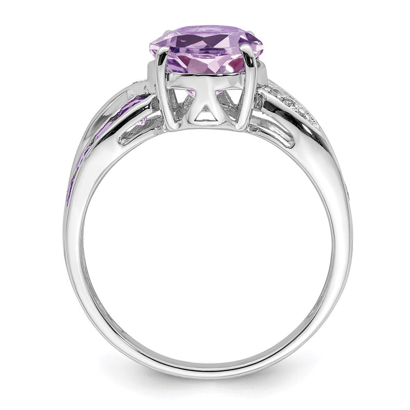 Sterling Silver Rhodium Diamond & Pink Quartz Ring