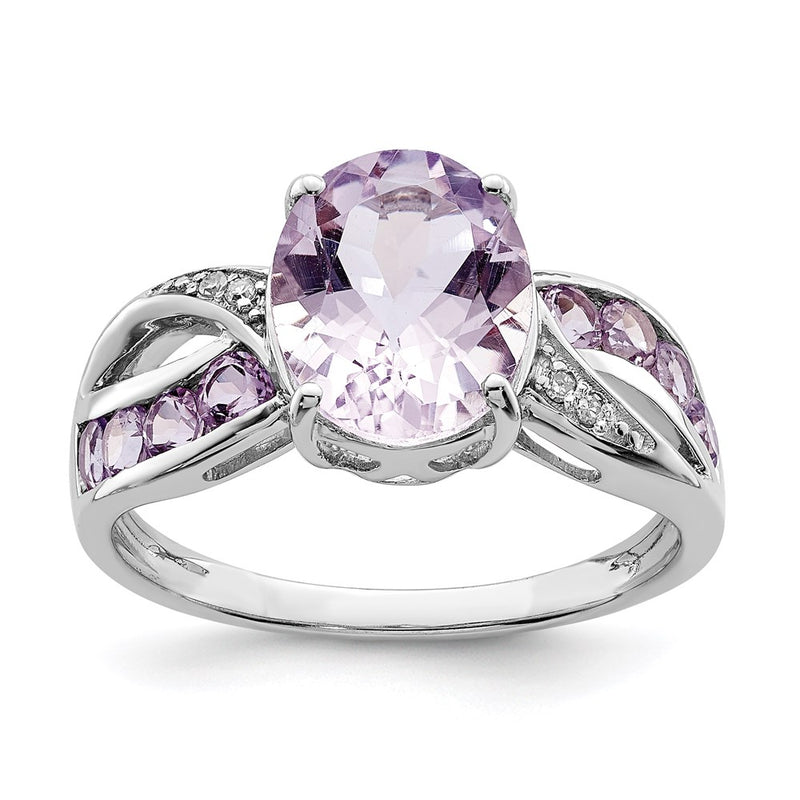 Sterling Silver Rhodium Diamond & Pink Quartz Ring
