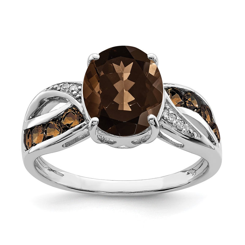 Sterling Silver Rhodium Diamond & Smoky Quartz Ring