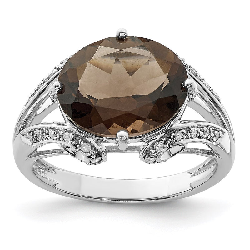 Sterling Silver Rhodium Diamond & Smoky Quartz Ring