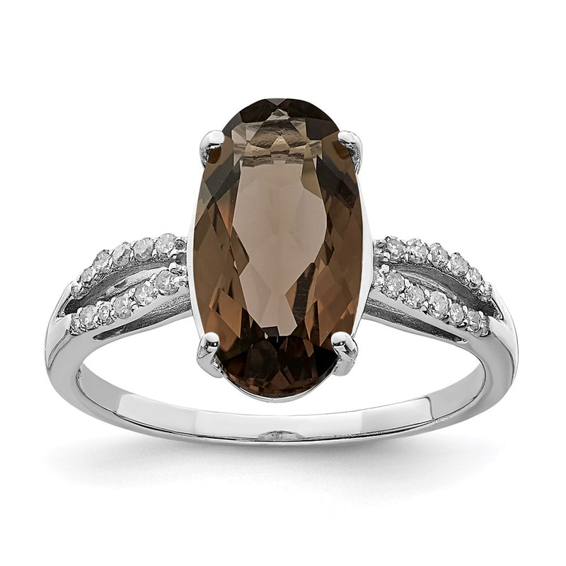 Sterling Silver Rhodium Diamond & Smoky Quartz Ring