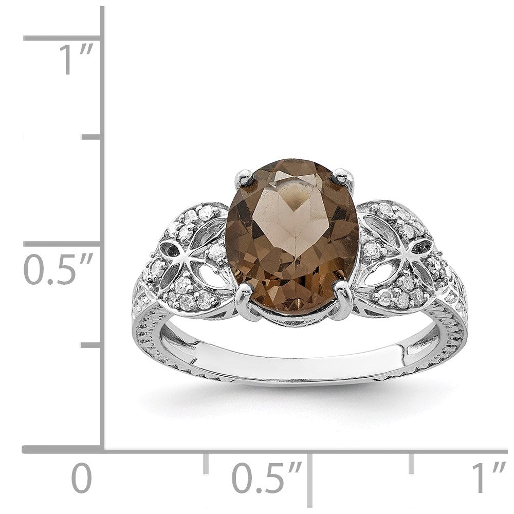 Sterling Silver Rhodium Diamond & Smoky Quartz Ring