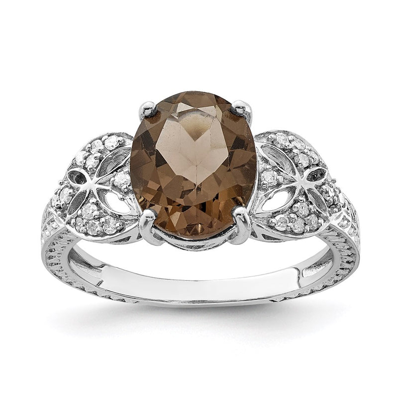 Sterling Silver Rhodium Diamond & Smoky Quartz Ring