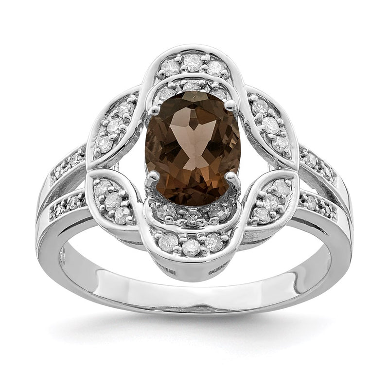 Sterling Silver Rhodium Diamond & Smoky Quartz Ring