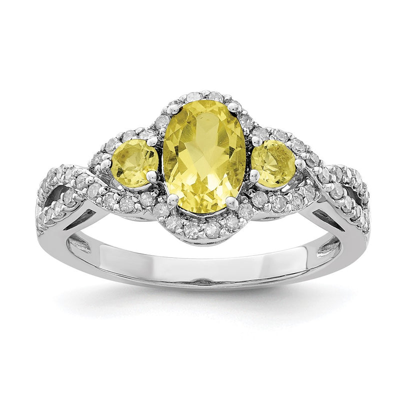 Sterling Silver Rhodium Diamond & Lemon Quartz Ring