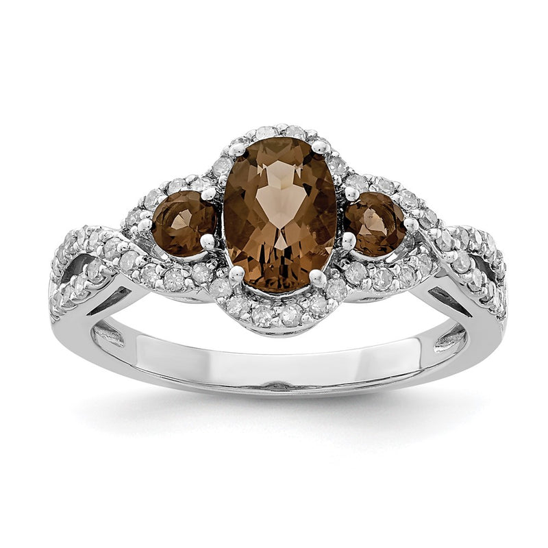 Sterling Silver Rhodium Diamond & Smoky Quartz Ring