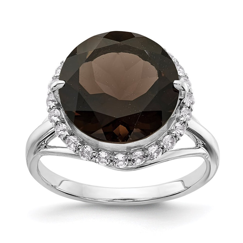 Sterling Silver Rhodium White Topaz & Smoky Quartz Ring