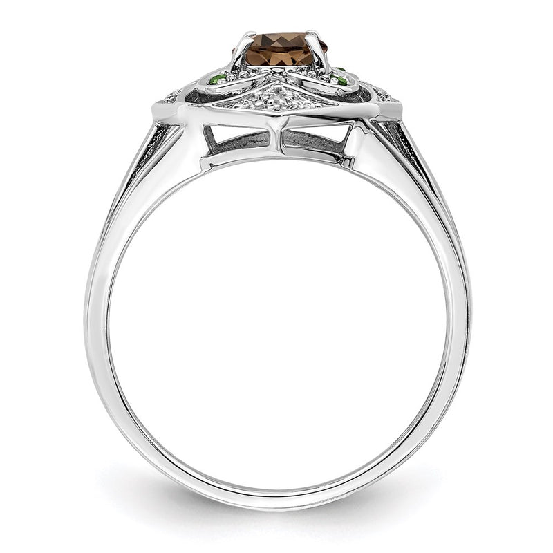 Sterling Silver Rhodium Smoky Quartz & Diamond Ring
