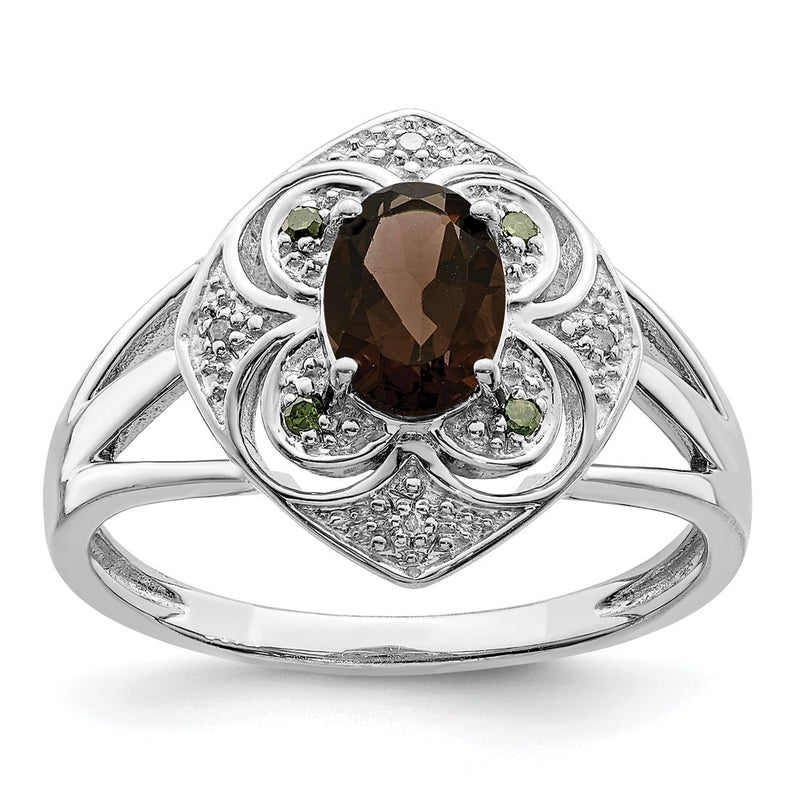 Sterling Silver Rhodium Smoky Quartz & Diamond Ring