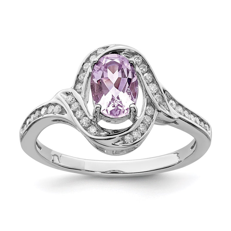 Sterling Silver Rhodium Pink Quartz & Diamond Ring