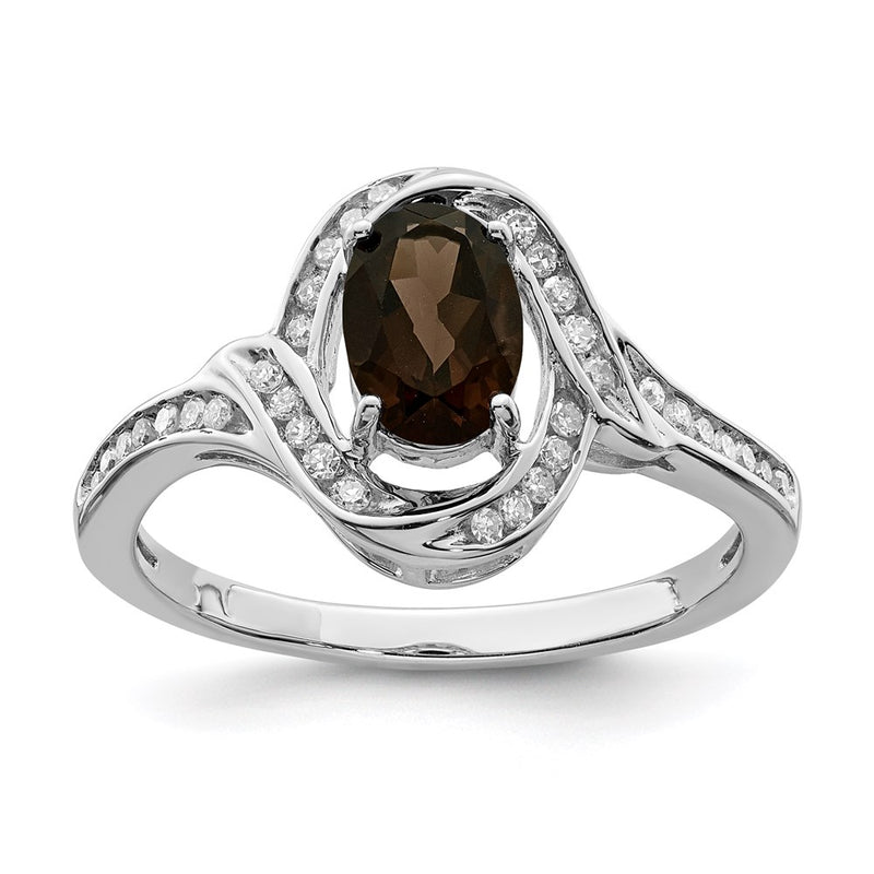 Sterling Silver Rhodium Smoky Quartz & Diamond Ring