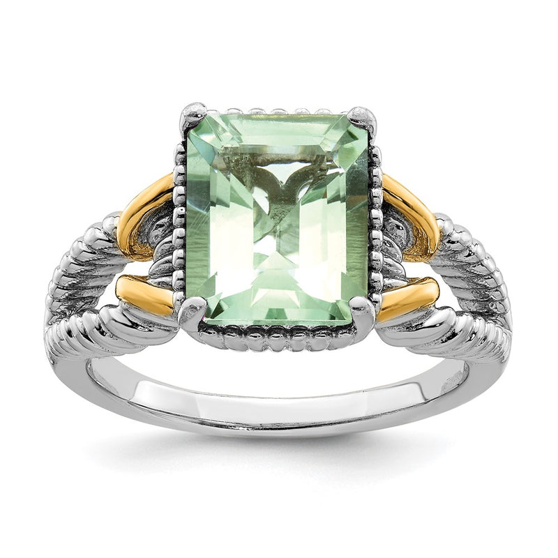 Sterling Silver Rhodium w/ Flash Gold-plate Green Quartz Ring