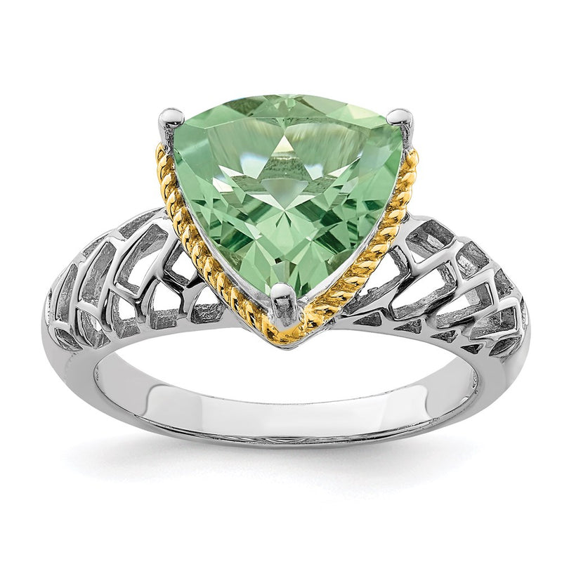 Sterling Silver Rhodium w/ Flash Gold-plate Green Quartz Ring