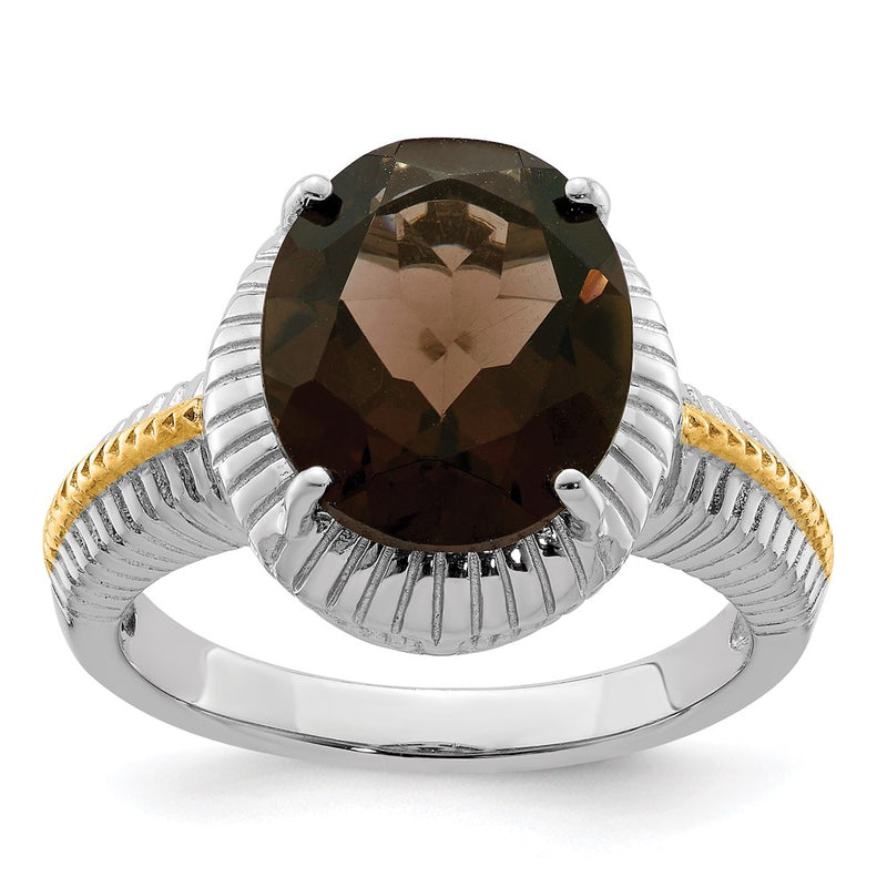 Sterling Silver Rhodium w/ Flash Gold-plate Smoky Quartz Ring