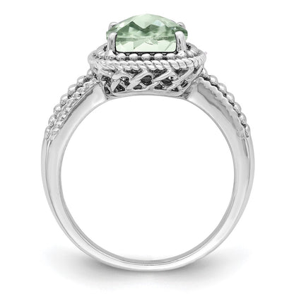 Sterling Silver Rhodium Checker-Cut Green Quartz Ring