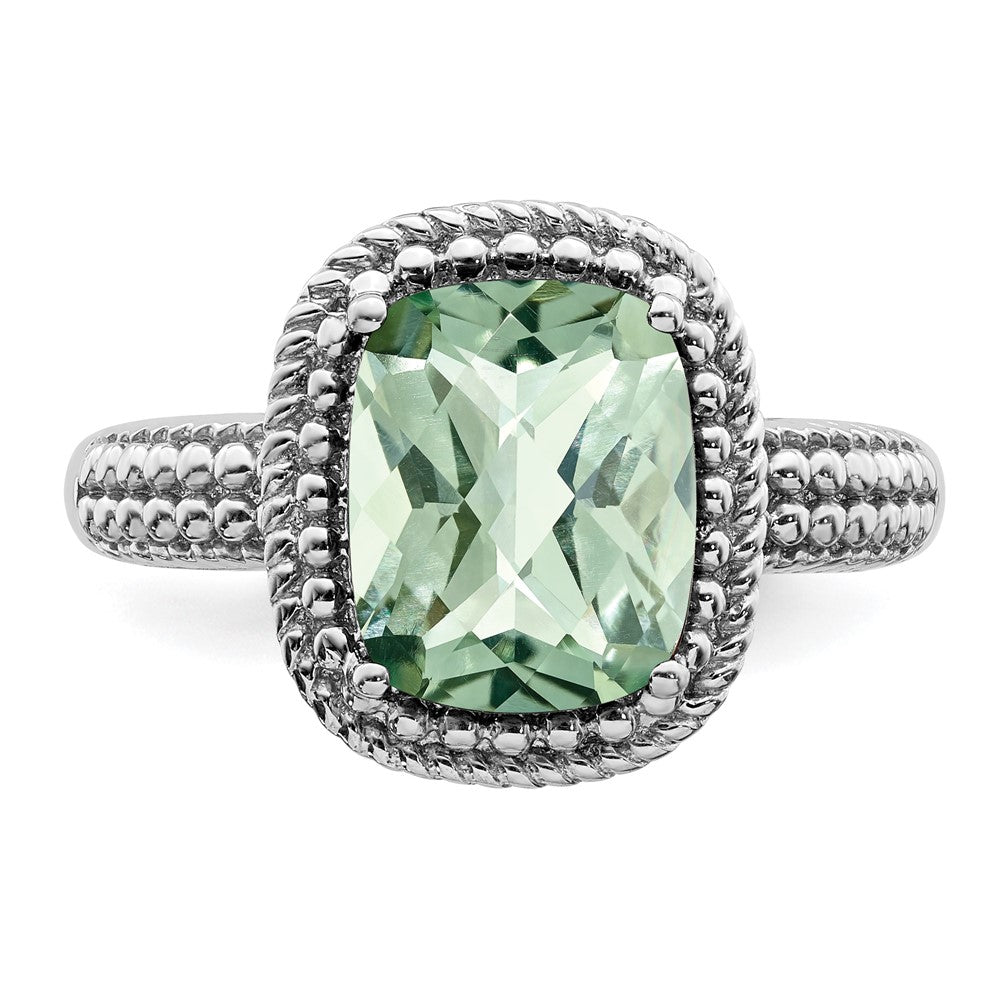 Sterling Silver Rhodium Checker-Cut Green Quartz Ring