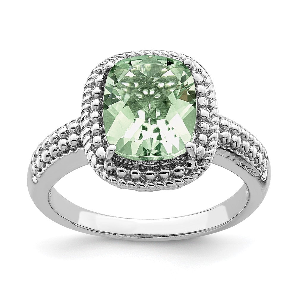 Sterling Silver Rhodium Checker-Cut Green Quartz Ring
