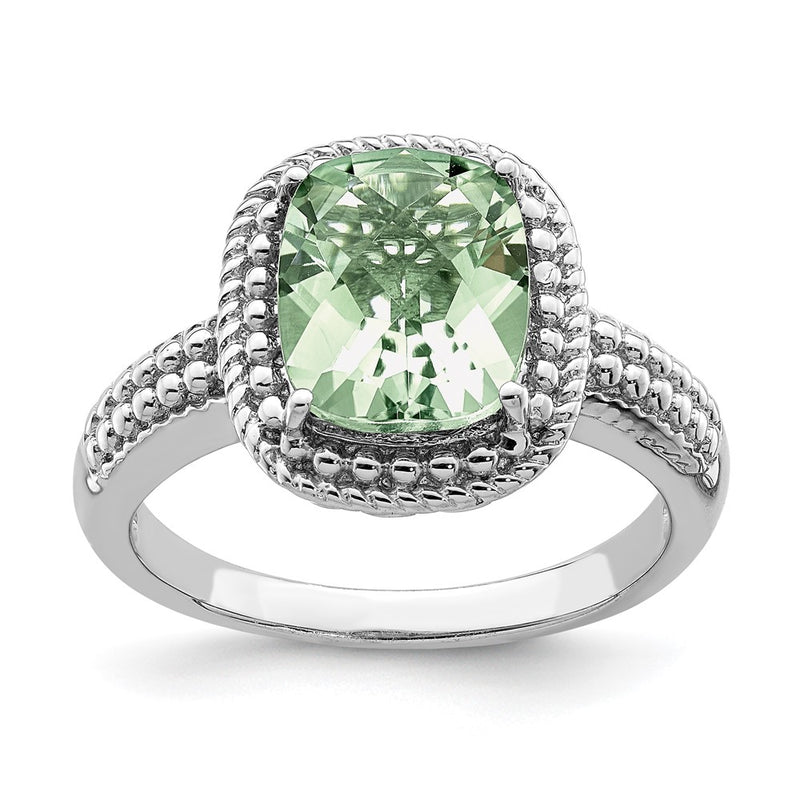 Sterling Silver Rhodium Checker-Cut Green Quartz Ring