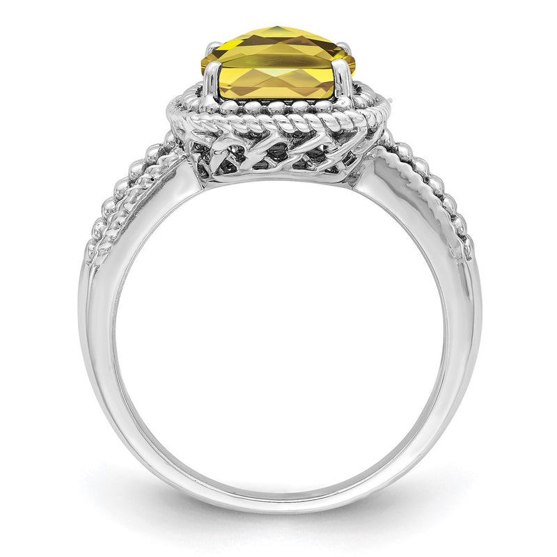 Sterling Silver Rhodium Checker-Cut Lemon Quartz Ring
