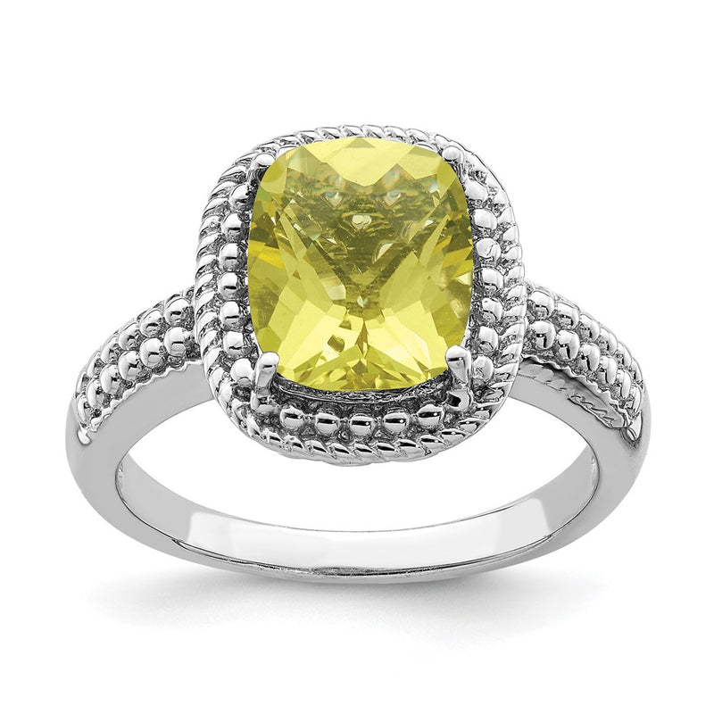 Sterling Silver Rhodium Checker-Cut Lemon Quartz Ring