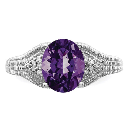Sterling Silver Rhodium-plated Amethyst & Diamond Ring