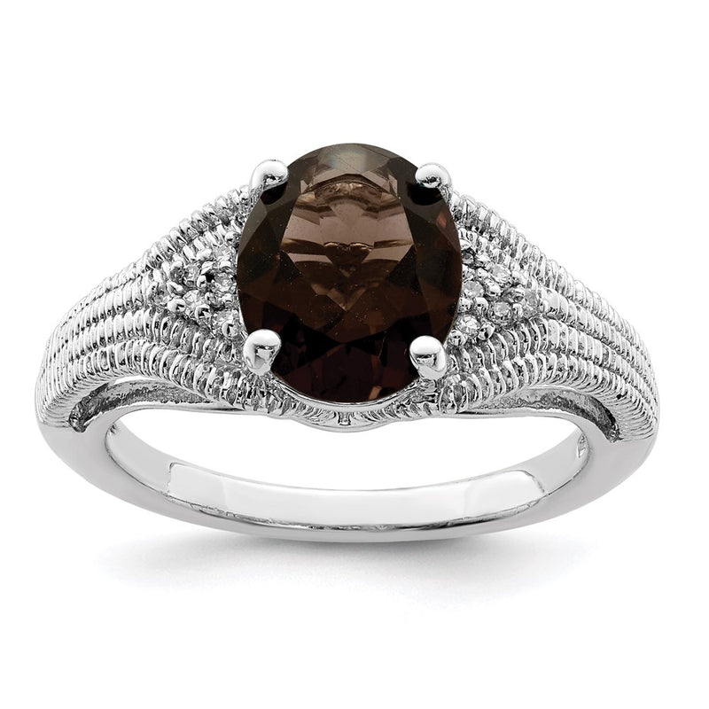Sterling Silver Rhodium Smoky Quartz & Diamond Ring