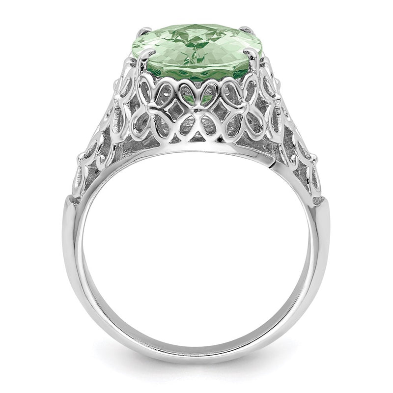 Sterling Silver Rhodium Checker-Cut Green Quartz Ring