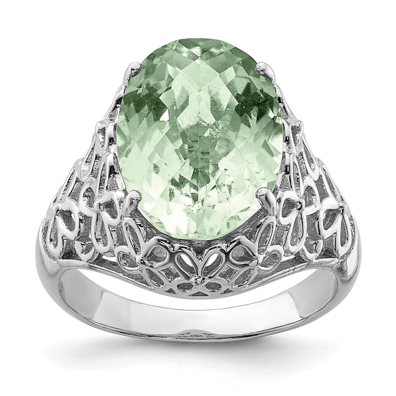 Sterling Silver Rhodium Checker-Cut Green Quartz Ring