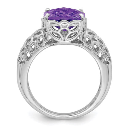 Sterling Silver Rhodium-plated Checker-Cut Amethyst Ring