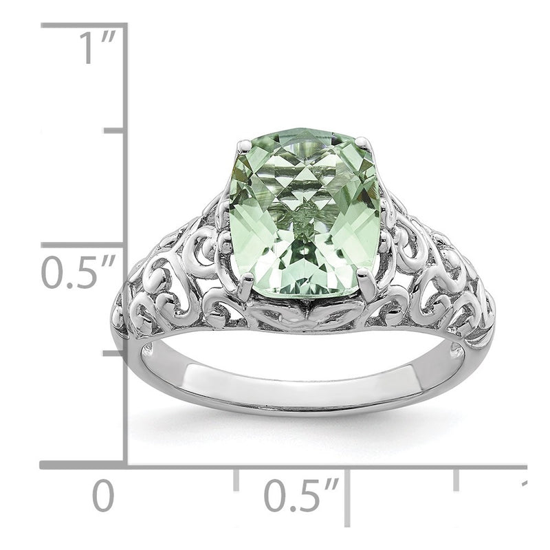Sterling Silver Rhodium Checker-Cut Green Quartz Ring