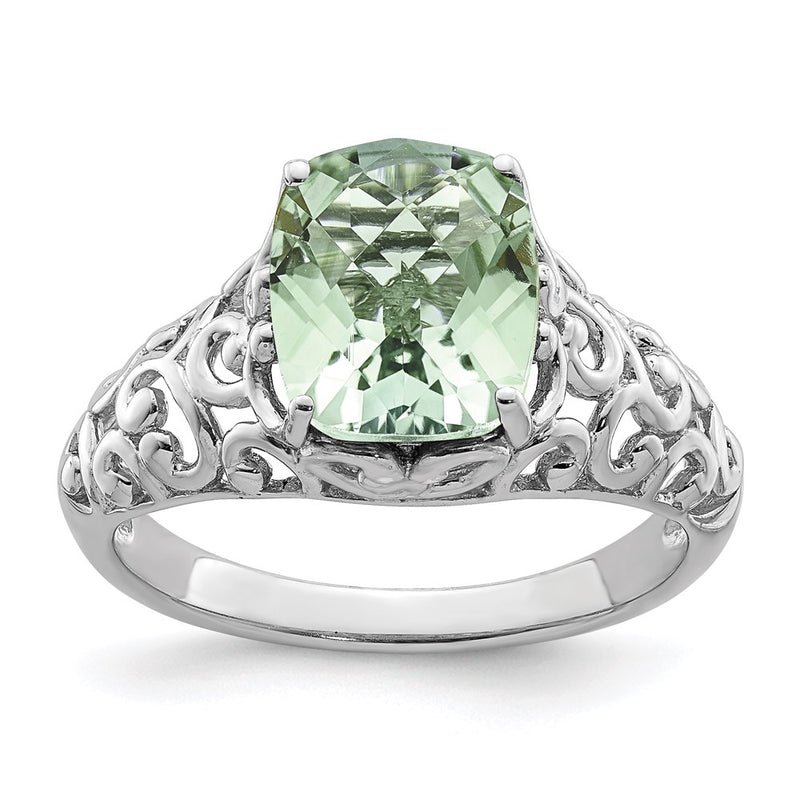 Sterling Silver Rhodium Checker-Cut Green Quartz Ring