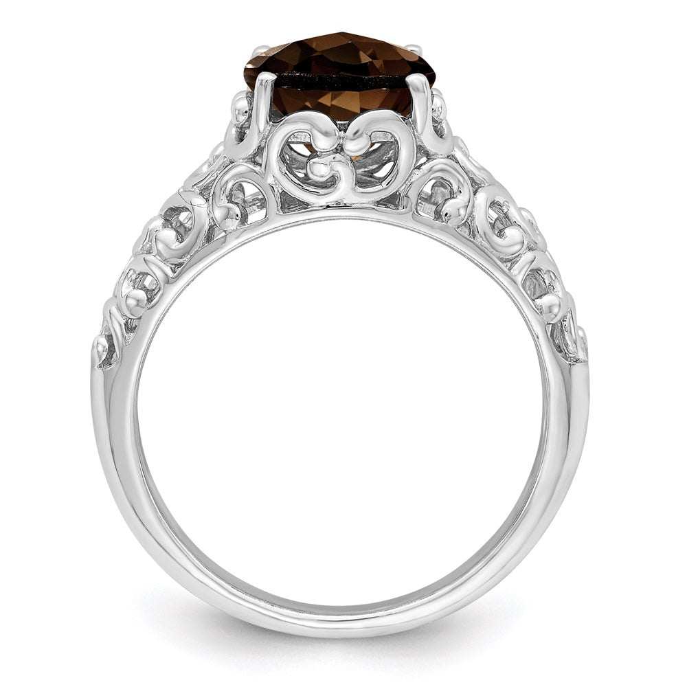 Sterling Silver Rhodium Checker-Cut Smoky Quartz Ring