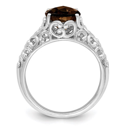 Sterling Silver Rhodium Checker-Cut Smoky Quartz Ring
