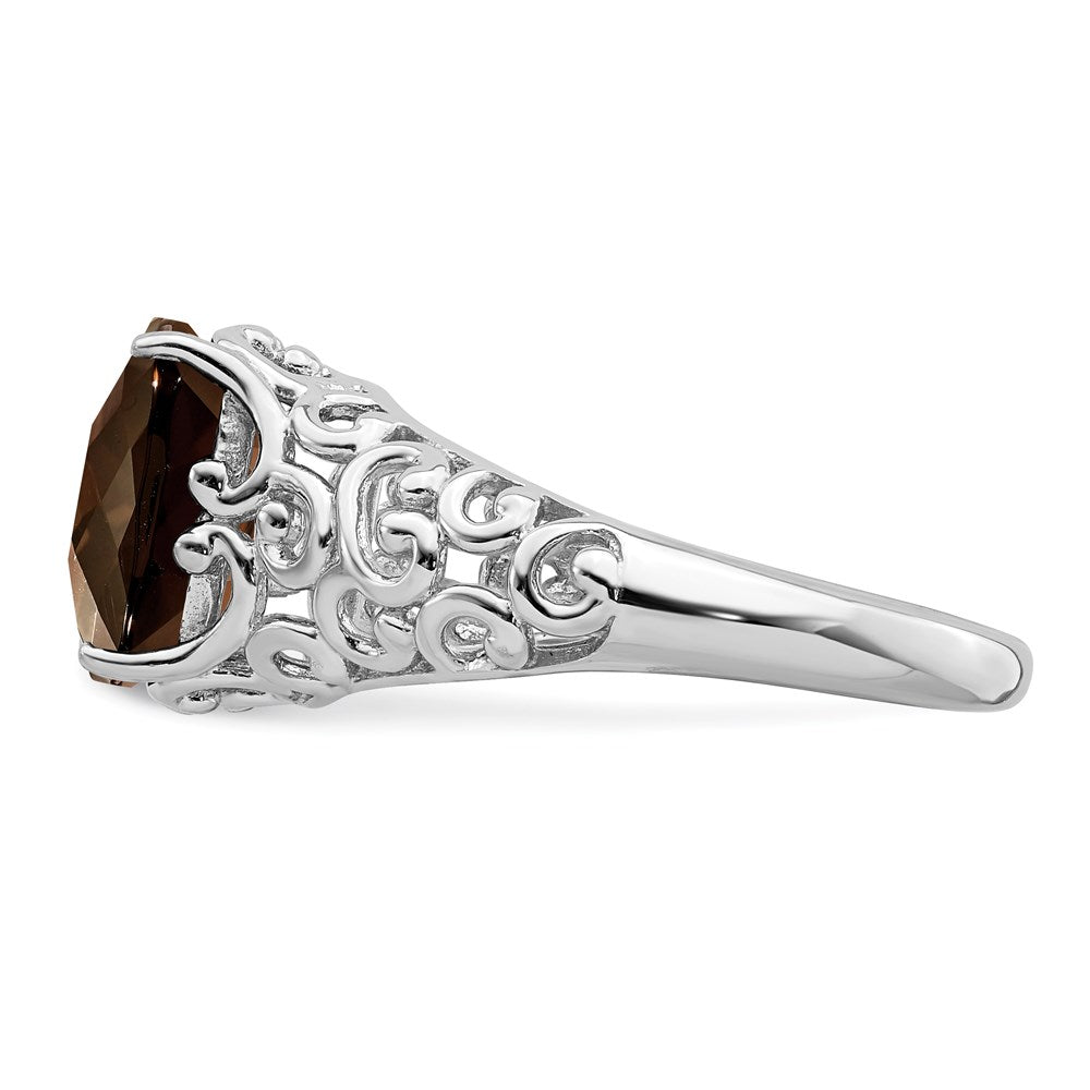 Sterling Silver Rhodium Checker-Cut Smoky Quartz Ring