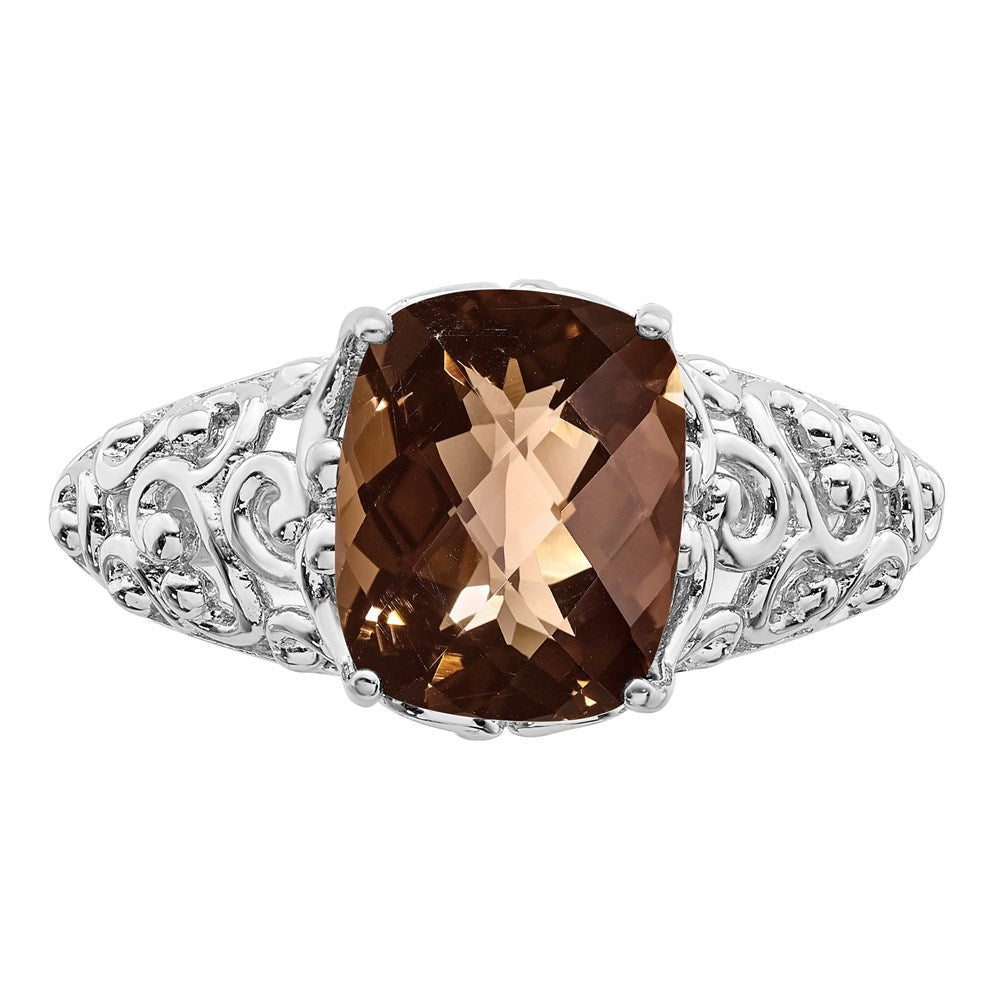 Sterling Silver Rhodium Checker-Cut Smoky Quartz Ring