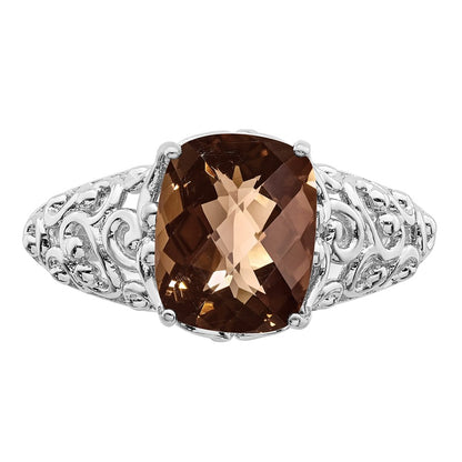 Sterling Silver Rhodium Checker-Cut Smoky Quartz Ring