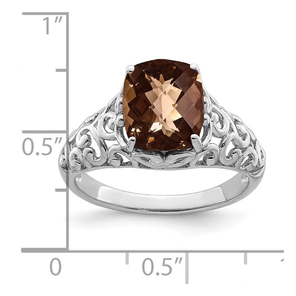 Sterling Silver Rhodium Checker-Cut Smoky Quartz Ring