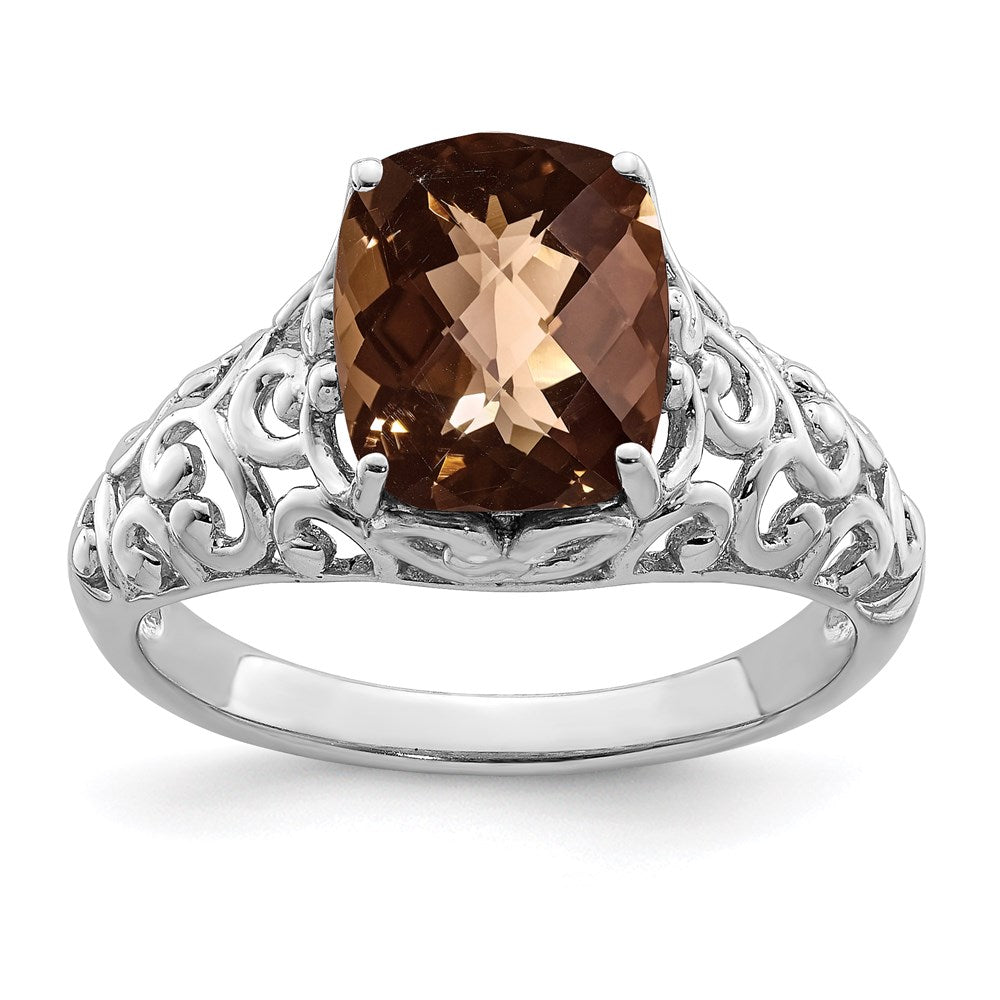 Sterling Silver Rhodium Checker-Cut Smoky Quartz Ring