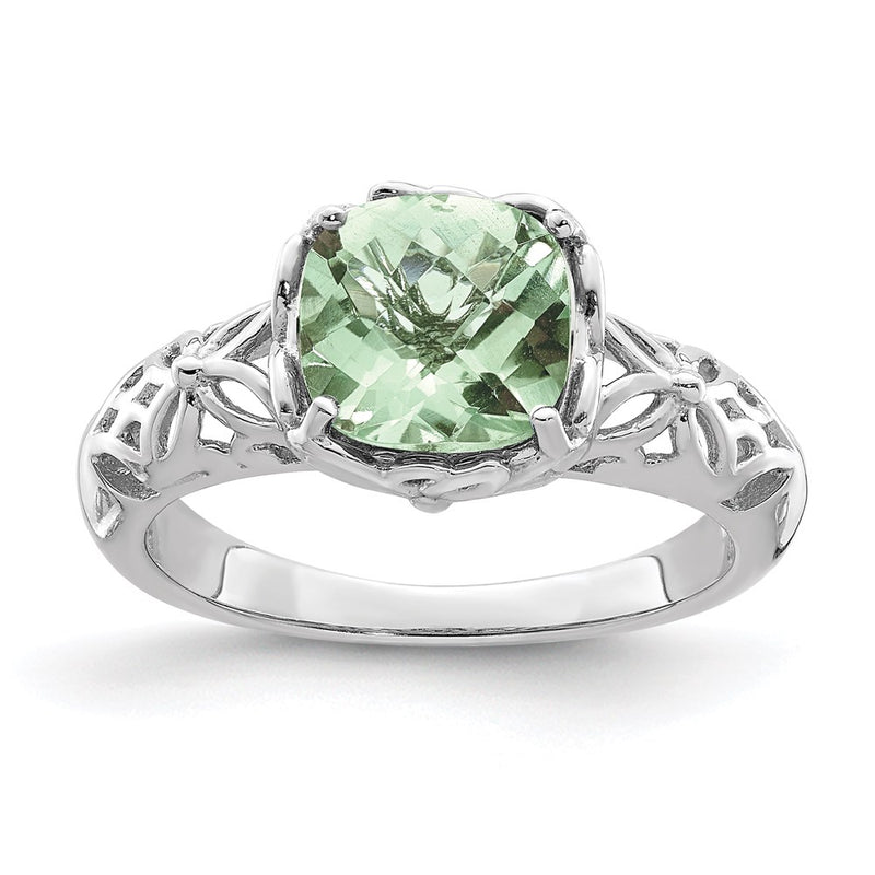 Sterling Silver Rhodium Checker-Cut Green Quartz Ring