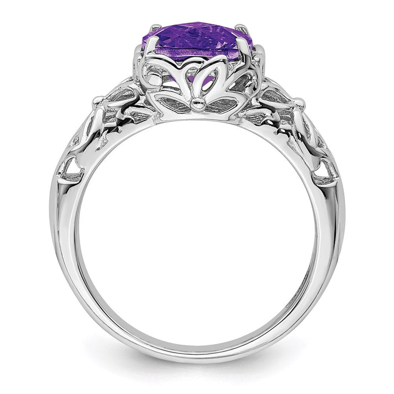 Sterling Silver Rhodium-plated Checker-Cut Amethyst Ring