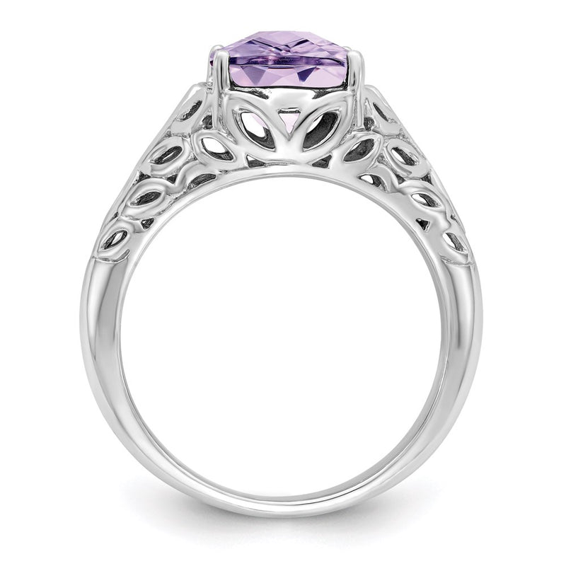 Sterling Silver Rhodium Checker-Cut Pink Quartz Ring