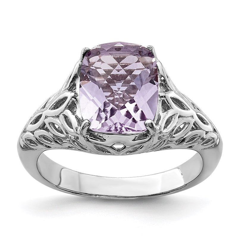 Sterling Silver Rhodium Checker-Cut Pink Quartz Ring